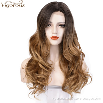 Vigorous Ombre Honey Brown Long Wavy Synthetic Lace Hair Wig Fluffy Middle Part Hairstyles Women's Cosplay Wig High Temperature
